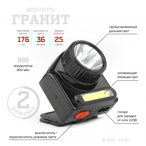 Фонари Армия России GA-501 налобный "Гранит" 3Вт COB + 3Вт LED, ближ и дальн свет, аккум