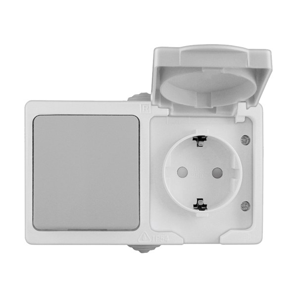 *Блок гор. "Аллегро", о/у, выкл. 1кл 10А + роз. 1м с крыш., IP-54, с/з, з/ш, 16А, 220В, серый