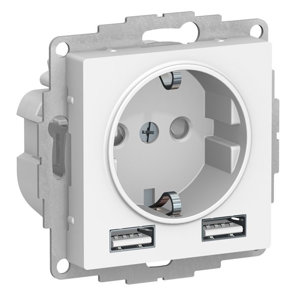 Механизм розетки ATLASDESIGN 16А с 2 USB A+A 5В/2.4А 2х5В/1.2А бел. SchE