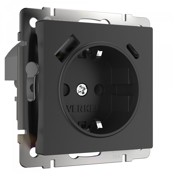 Розетка 1-ая с/з с быстрой зарядкой USB Type A+C (чёрный) W1171708 WERKEL 