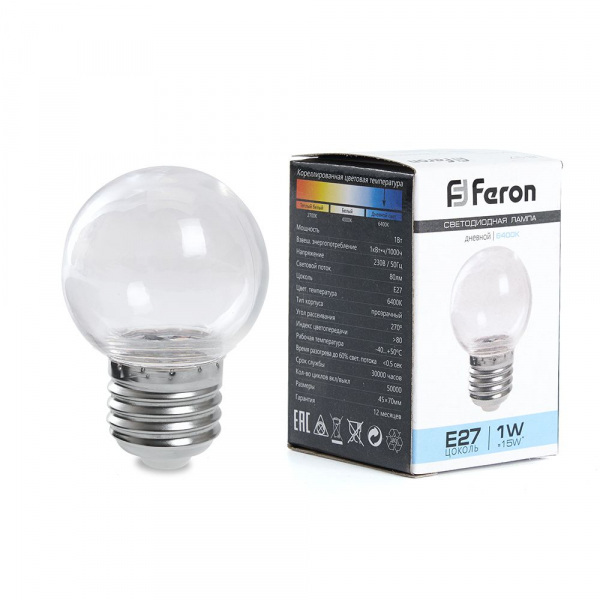 Лампа светодиодная Feron LB-37 Шарик прозрачный E27 1W 2700K G45