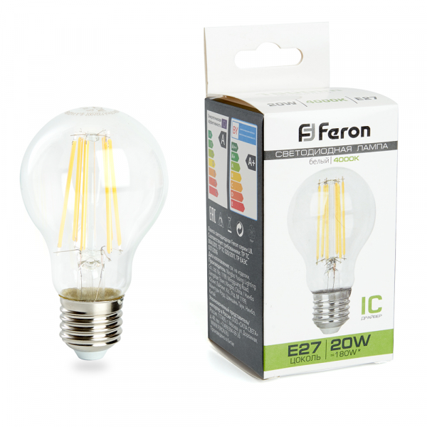 Лампа филаментная светодиодная Feron LB-620 Шар E27 20W 4000K A60