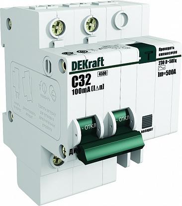 Выключатель автоматический дифференциальный (АВДТ) 2п 32А 30мА тип AC С 4.5кА ДИФ-101 DEKraft