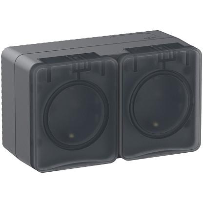 Розетка 2-м ОП AtlasDesign Profi54 16А IP54 250В с заземл. защ. шторки антрацит SchE 