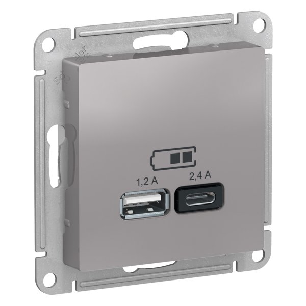 Механизм розетки USB AtlasDesign A+С 5В/2.4А 2х5В/1.2А алюм. SchE