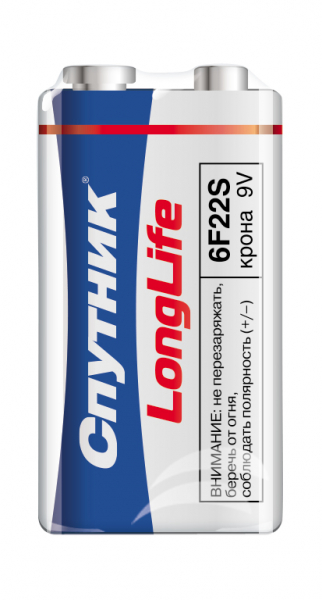 Элемент питания солевой LongLife 6F22/1S, шринк, Спутник