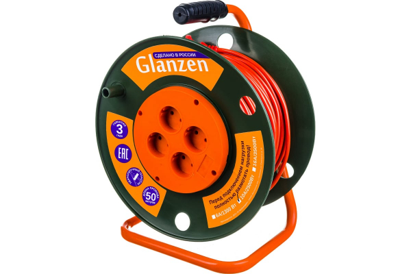 Удлинитель силовой на катушке GLANZEN 4 гн. ПВС 2х1 арт. EB-50-003