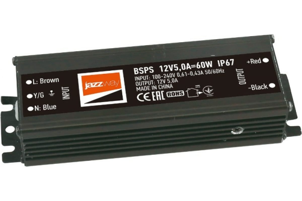 Драйвер BSPS 12В 5,0A-60ВТ IP67 блок питания для светодиодной ленты Jazzway