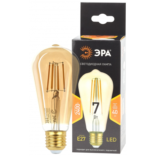 Лампа светод. F-LED ST64-7W-824-E27 gold ЭРА (филамент, зол, 7Вт, тепл, E27)