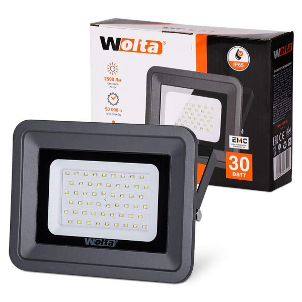 Прожектор светодиодный метал/пласт черный Wolta 30W(2500Lm) SMD 5500K 6K IP65 180х32х172мм WFL-30W