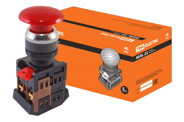 Кнопка AEAL-22 Грибок с фиксацией красный d22м 230В 1з+1р TDM
