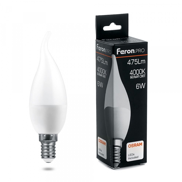 Лампа светодиодная Feron.PRO LB-1306 Свеча на ветру E14 6W 4000K OSRAM LED