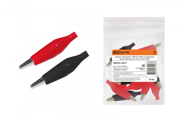 Зажим "крокодил" 3К 3А 40мм в изоляции красный/черный (5шт+5шт) TDM