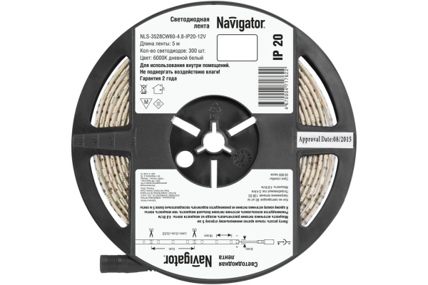 Лента светодиодная дневной Navigator LEDx60/м 5м 4.8Вт/м 12В (71762 NLS-3528)