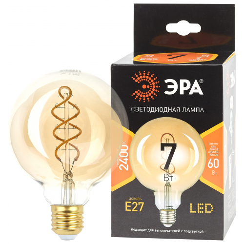 Лампа светод. F-LED G95-7W-824-E27 spiral gold ЭРА (филамент шар спир зол 7Вт тепл. E27)