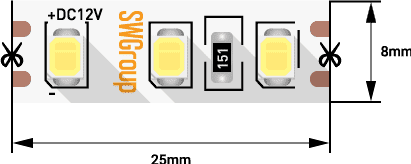 Лента светодиодная SWG SMD 2835, 120 LED/м, 9,6 Вт/м, 12В, IP20, 900lm/м, теплый белый 5м