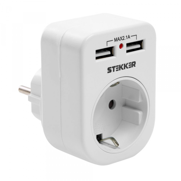 Переходник сетевой с/з c 2 USB 2,1А STEKKER ADP16-24-20 250В 16A IP20 белый