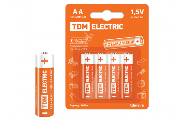 Батарейка (элемент питания) LR6 AA  Alkaline 1.5V BP-4 TDM