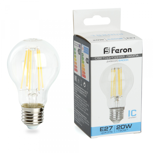 Лампа филаментная светодиодная Feron LB-620 Шар E27 20W 6400K A60